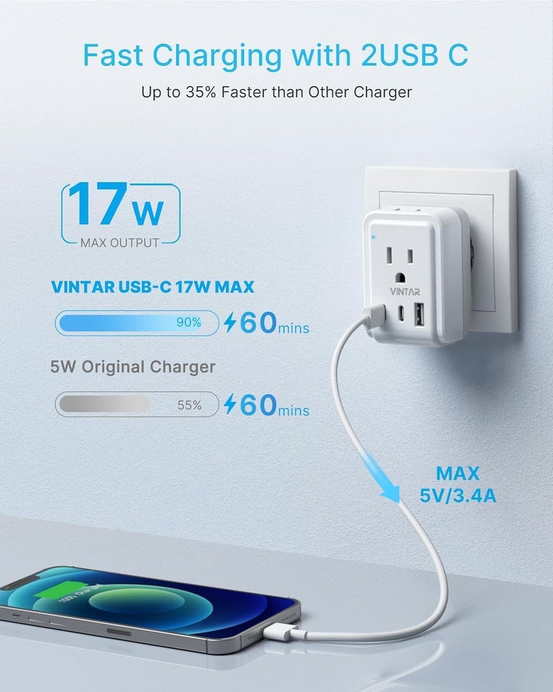 VINTAR 2 Pack Italy Travel Plug Adapter, Foldable Italy Power Adapter with 3 USB Ports(2 USB C) and 2 American Outlets, 3 Prong Grounded Type L Plug Adapter for US to Italy Rome Uruguay Chile - Image 4